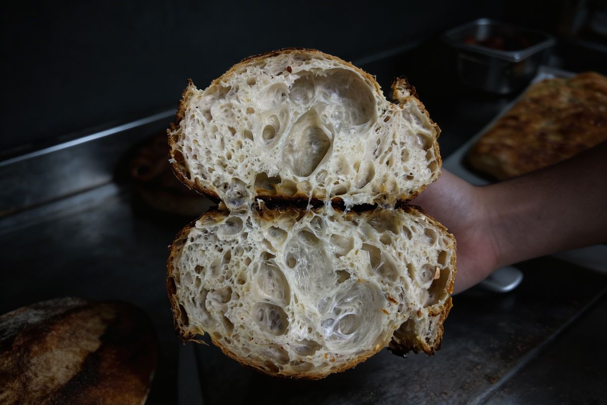 Hands pulling apart sourdough bread showing open crumb structure
