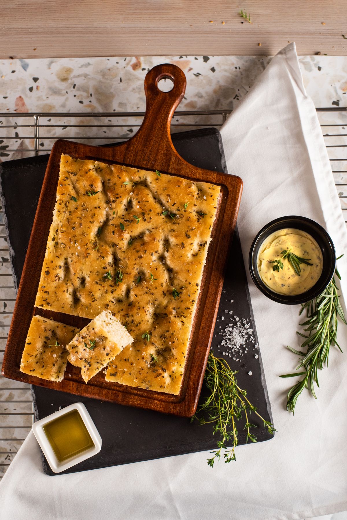 Garlic focaccia with herbs and olive oil