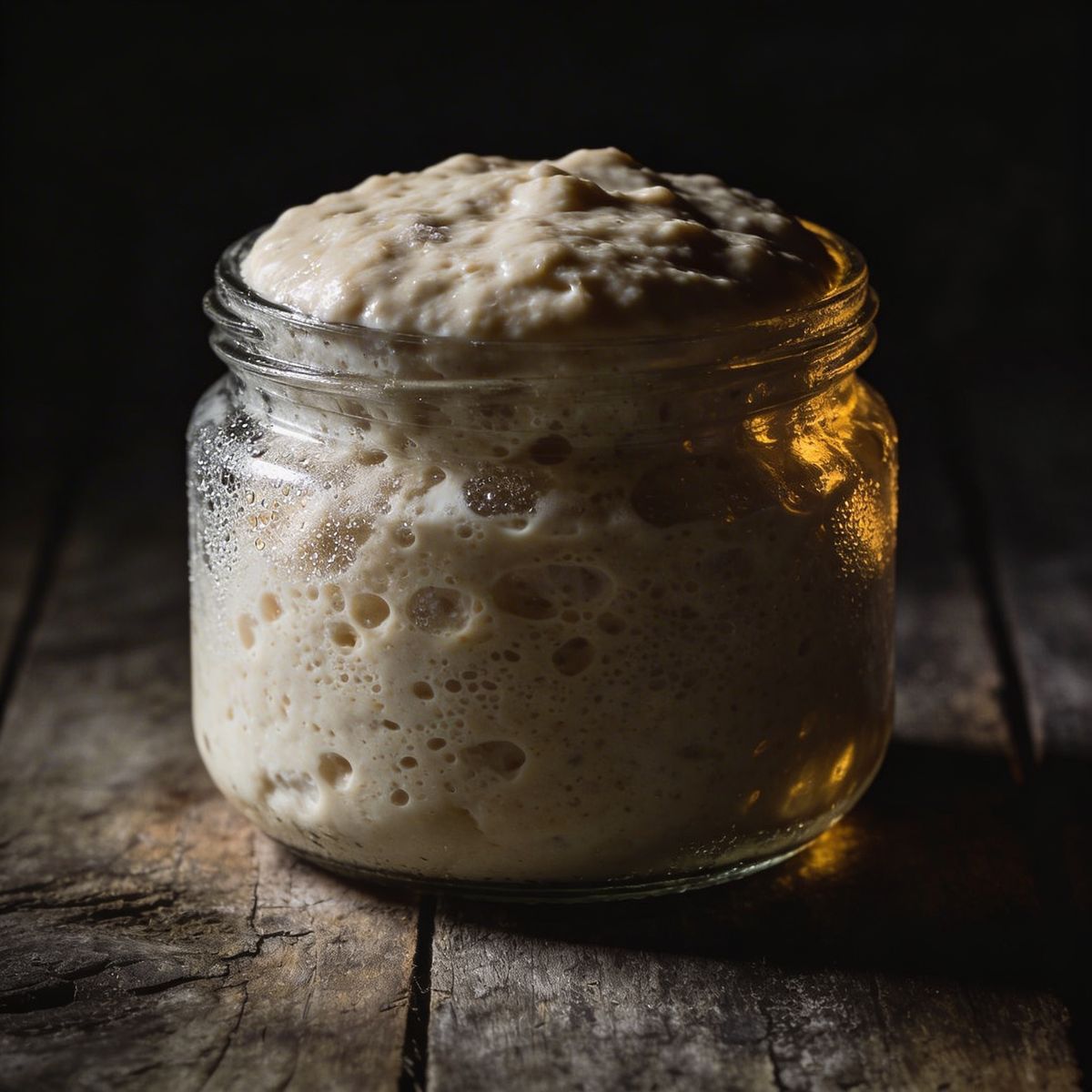 Bubbly sourdough starter overflowing from a glass jar